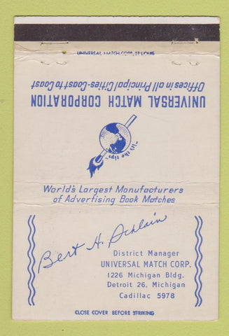 Matchbook Cover - Universal Match Bert Schlain Detroit MI 40 Strike
