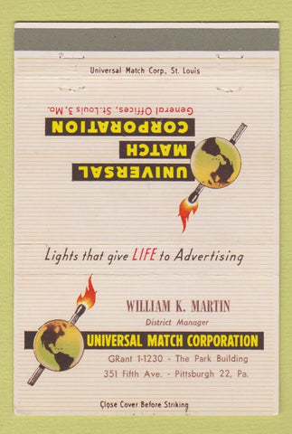 Matchbook Cover - Universal Match William Martin Pittsburgh PA 40 Strike