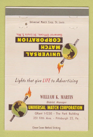 Matchbook Cover - Universal Match William Martin Pittsburgh PA 40 Strike