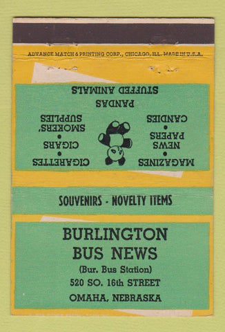 Matchbook Cover - Burlington Bus News Omaha NE Panda ADVANCE 40 Strike