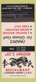 Matchbook Cover - Lee's Garden Chinese Restaurant Burlington ON WEAR 30 Strike