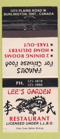 Matchbook Cover - Lee's Garden Chinese Restaurant Burlington ON WEAR 30 Strike