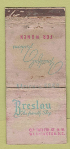 Matchbook Cover - Breslau Clothes Washington DC girlie DISPLAY POOR 30 Strike