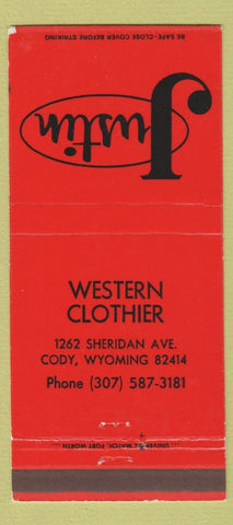 Matchbook Cover - Justin Boots Western Clothes Cody WY 30 Strike