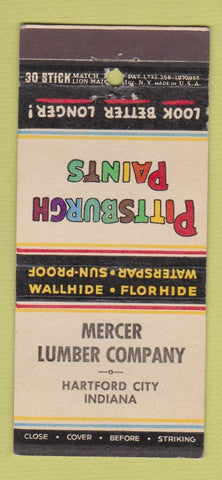Matchbook Cover - Pittsburgh Paints Mercer Lumber Hartford City IN 30 Stick