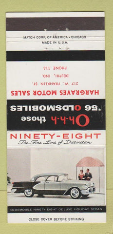 Matchbook Cover - 1956 Oldsmobile Hargraves Delphi IN low phone 98 30 Strike