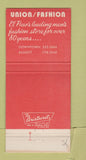 Matchbook Cover - Union Fashion Men's Clothes El Paso TX 30 Strike