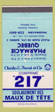 Matchbook Cover - Pharmacie Quebec QC 30 Strike