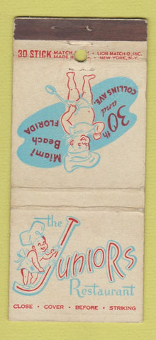 Matchbook Cover - Juniors Restaurant Miami Beach FL WORN 30 Stick