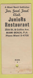 Matchbook Cover - Juniors Restaurant Miami Beach FL WORN 30 Stick