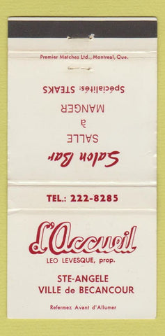 Matchbook Cover - L Accueil Ville de Becancour QC 30 Strike