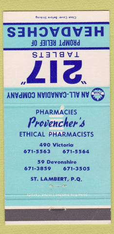 Matchbook Cover - 217 Pharmacy Provencher's St Lambert QC 30 Strike