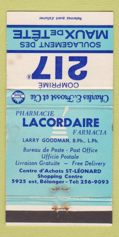 Matchbook Cover - 217 Pharmacy Lacordaire ST Leonard QC WORN 30 Strike