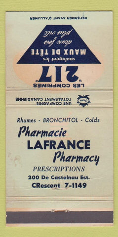 Matchbook Cover - 217 Pharmacy Lafrance QC WORN 30 Strike