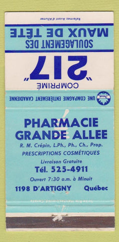 Matchbook Cover - 217 Pharmacy Grande Allee Quebec QC 30 Strike
