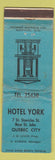 Matchbook Cover - Hotel York Quebec City QC WORN