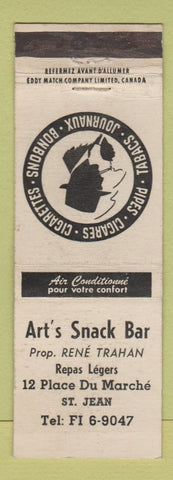 Matchbook Cover - Art's Snack Bar ST Jean QC