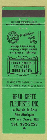 Matchbook Cover - Beau Geste Floral Montreal QC Green