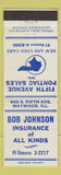 Matchbook Cover - Bob Johnson Insurance Pontiac cars Maywood IL