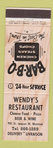 Matchbook Cover - Wendy's Restaurant Chinese Montreal QC