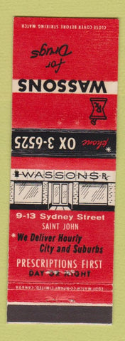 Matchbook Cover - Wassons Drug Store St John NB