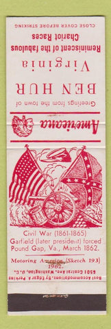 Matchbook Cover - Ben Hur VA Chariot Races Pound Gap VA Civil War