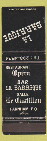 Matchbook Cover - La Barrique Restaurant Farnham QC