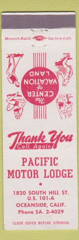 Matchbook Cover - Pacific Motor Lodge Oceanside CA