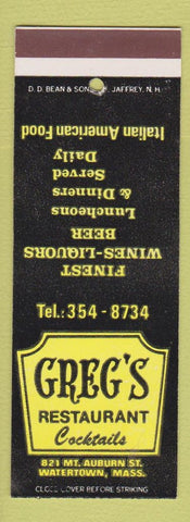 Matchbook Cover - Greg's Restaurant Watertown MA