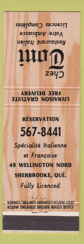 Matchbook Cover - Chez Toni Italian Restaurant Sherbrooke QC
