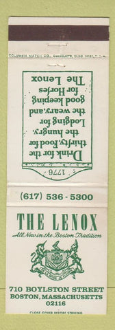Matchbook Cover - The Lenox Boston MA hotel