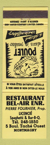Matchbook Cover - Restaurant Bel Air Montmagny QC YELLOW