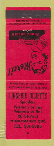 Matchbook Cover - Lingerie Juliette Charlemagne QC girlie RED