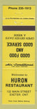 Matchbook Cover - Huron Restaurant Exeter ON YELLOW