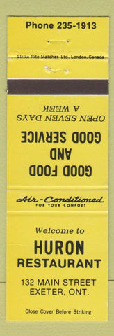 Matchbook Cover - Huron Restaurant Exeter ON YELLOW