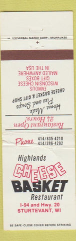Matchbook Cover - Highlands Cheese Basket Sturtevant WI WORN