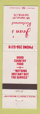 Matchbook Cover - Jean's Restaurant Mount Vernon KY WEAR