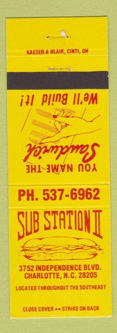 Matchbook Cover - Sub Station II Charlotte NC Sumter SC