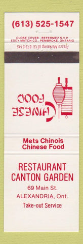 Matchbook Cover - Restaurant Canton Garden Alexandria ON Chinese