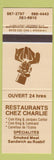 Matchbook Cover - Restaurant Chez Charlie QC