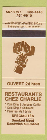 Matchbook Cover - Restaurant Chez Charlie QC