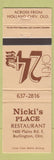 Matchbook Cover - Nicki's Place Burlington ON