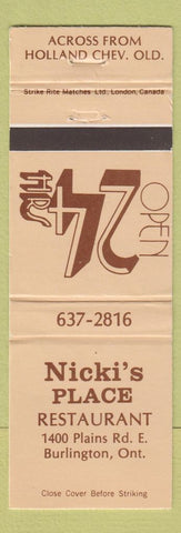 Matchbook Cover - Nicki's Place Burlington ON