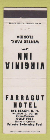 Matchbook Cover - Farragut Hotel Rye Beach NH Virginia Inn Winter Park FL