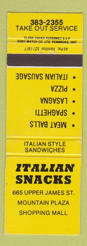 Matchbook Cover - Italian Snacks Hamilton ON