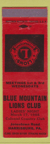 Matchbook Cover - Blue Mountain Lions Club Harrisburg PA 1955 RED