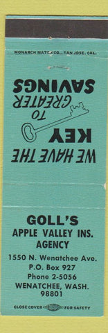 Matchbook Cover - Goll's Apple Valley Insurance Wenatchee WA