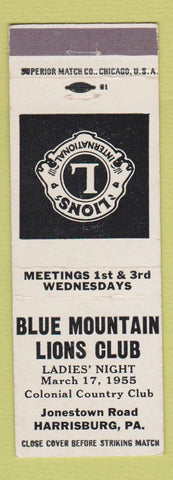 Matchbook Cover - Blue Mountain Lions Club Harrisburg PA 1955 WHITE