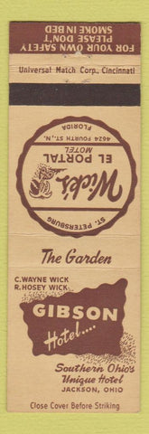 Matchbook Cover Gibson Hotel Wick's El Portal Motel Jackson OH St Petersburg FL