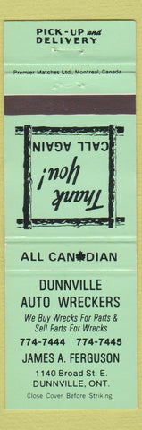 Matchbook Cover - Dunnville Auto Wreckers ON GREEN